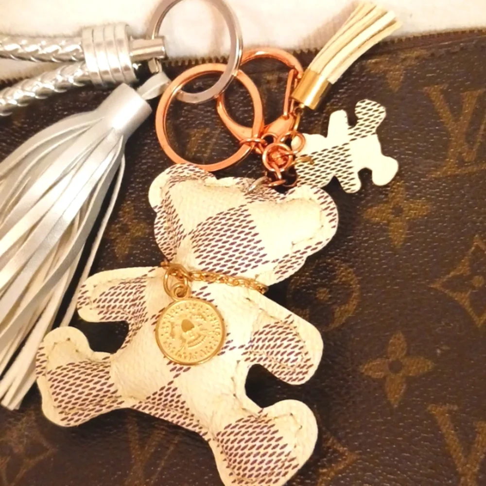 Bag Charm Keychain TEDDY BEAR Damier Azur Handmade with‎ Charms & Tassel